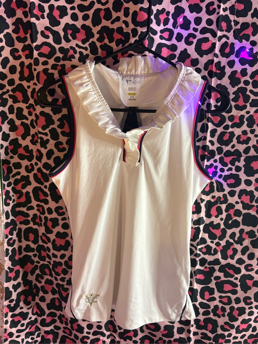 Y2K White Ruffle Collar Sleeveless Tank with Navy and Red Trim